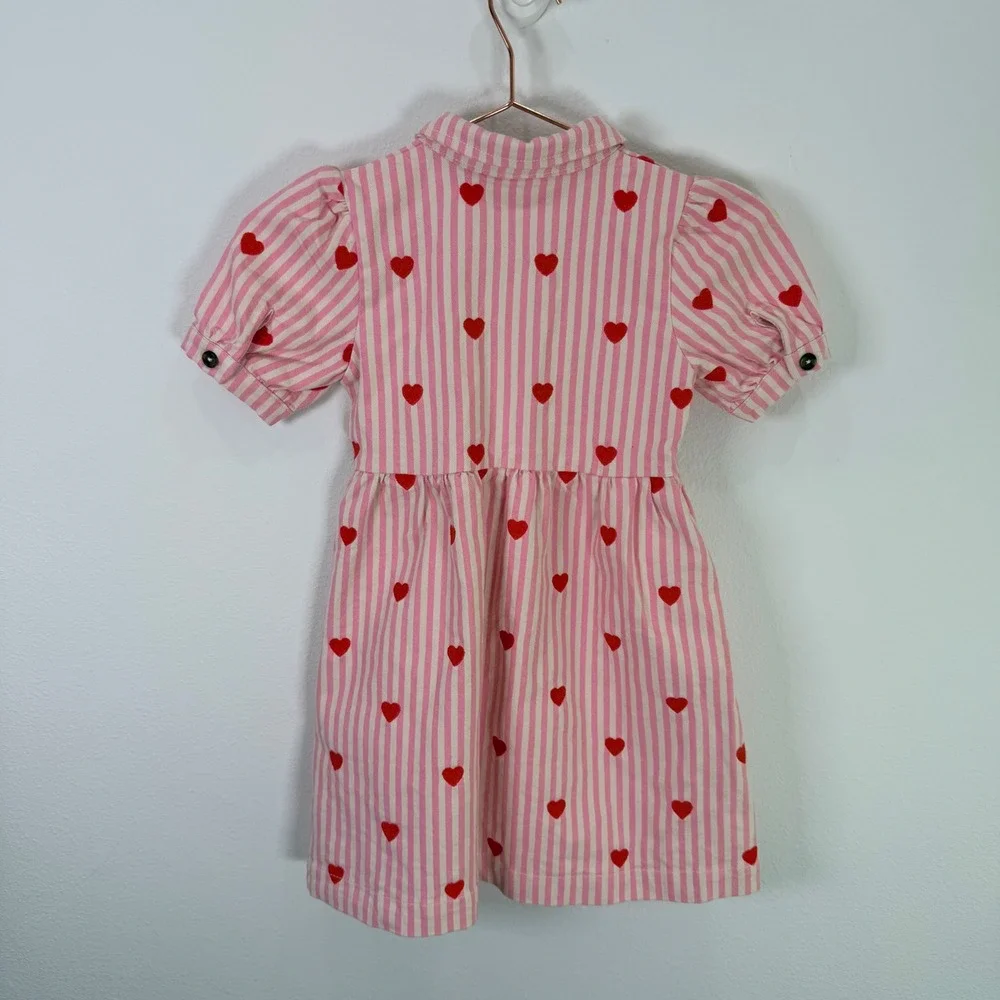 Mini Boden Girls Pink White Striped Red Heart Embroidered Denim Dress 6-7Y G5127
